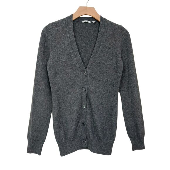 Uniqlo Sweater Womens Small Gray Cashmere Button V-Neck  Lightweight Office - Picture 1 of 11
